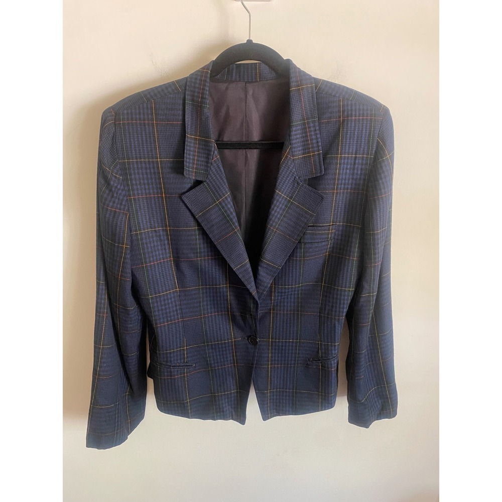 David N Vintage Navy Blue‎ Plaid Windowpane Blazer Single Button Cropped Jacket